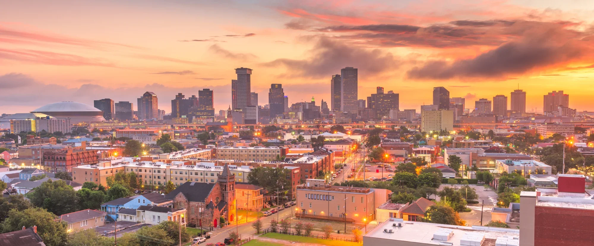 New Orleans skyline at sunset