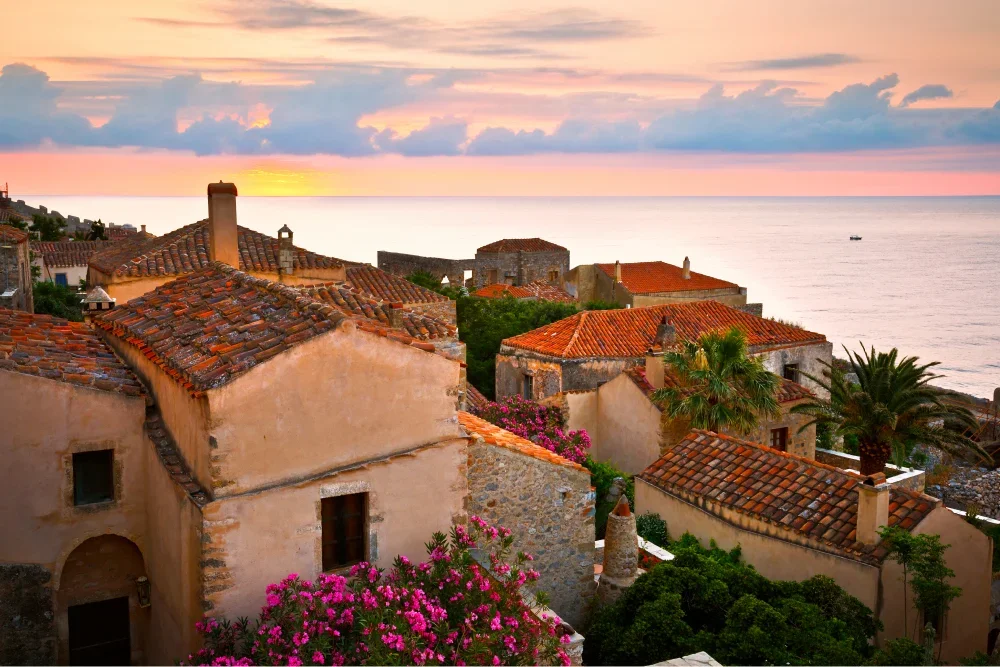 Monemvasia at sunset, Peloponnese, Greece